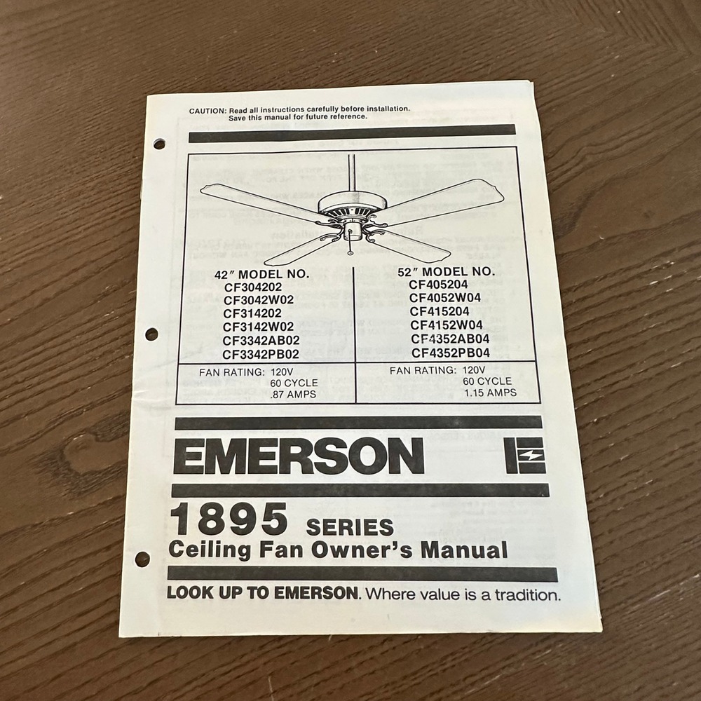 Emerson 1895 Series Ceiling Fan Owners Manual CF3042 CF4052 Vintage 1985